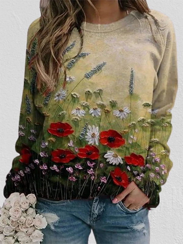 Comfysol Red Casual Graphic Tops Round Neck Long Sleeve Floral Printed Sweatshirts