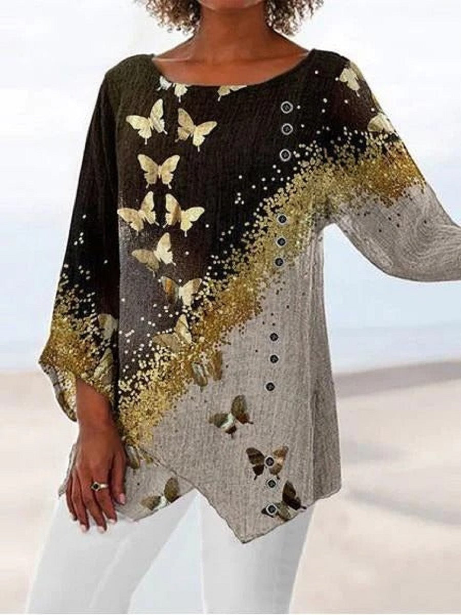 Comfysol Colorful Casual Graphic Tops Round Neck Butterfly Printed Long Sleeve Blouse