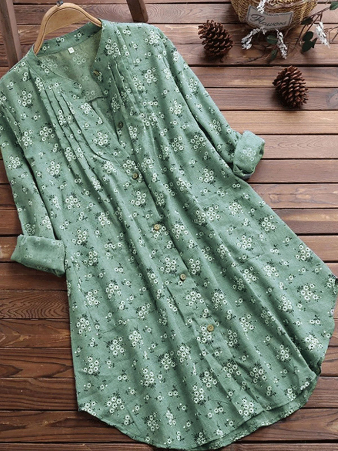 Comfysol Floral Print Casual Stand Collar Long Sleeve Blouse