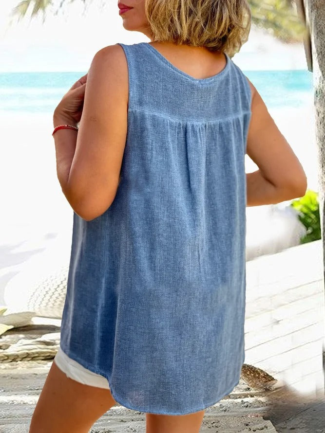 Comfysol Blue Casual V Neck Solid Sleeveless Tank