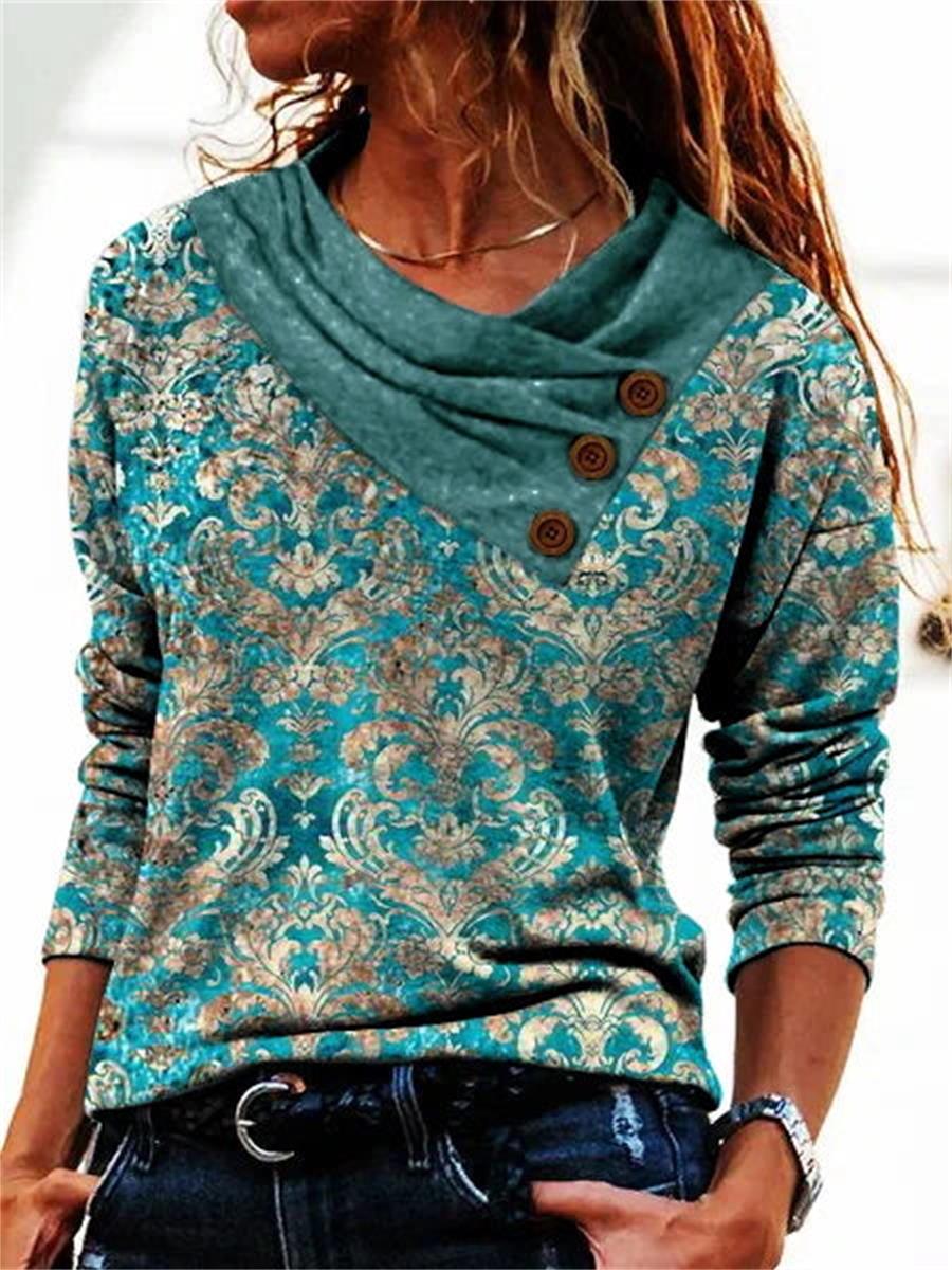 Comfysol Green Casual Graphic Tops V Neck Floral Printed Long Sleeve Blouse