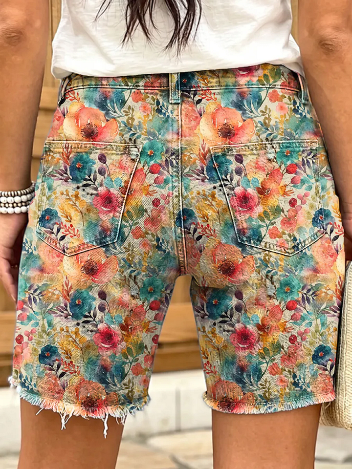 Ethnic-style colorful watercolor floral print women's art print casual denim shorts