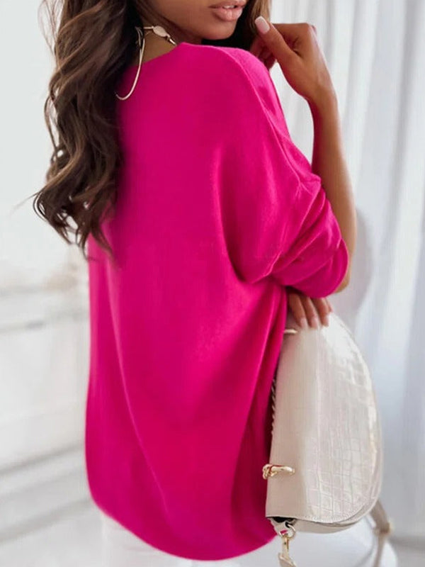 Comfysol Rose Solid Casual V-neck Long Sleeve Sweater