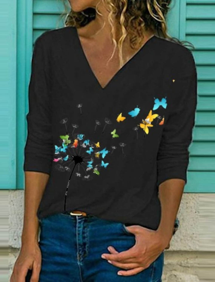 Comfysol Women's Floral Butterfly Print Long Sleeve V-neck Blouse