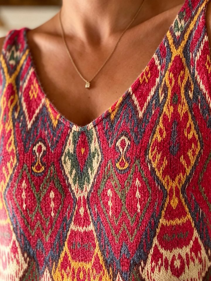 Women's Retro Bohemian Ethnic Art Print Casual Sleeveless V-neck Wool Blend Knit Top