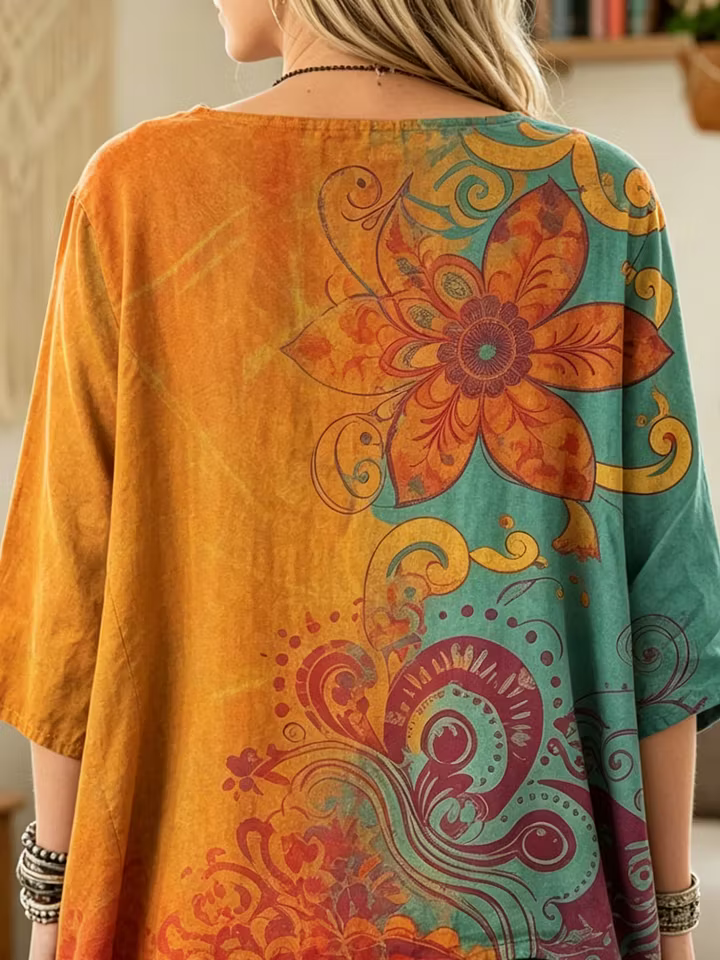 Ethnicity Retro Geometry Totem Women's Art Print Casual 3/4 Sleeve Cotton Top
