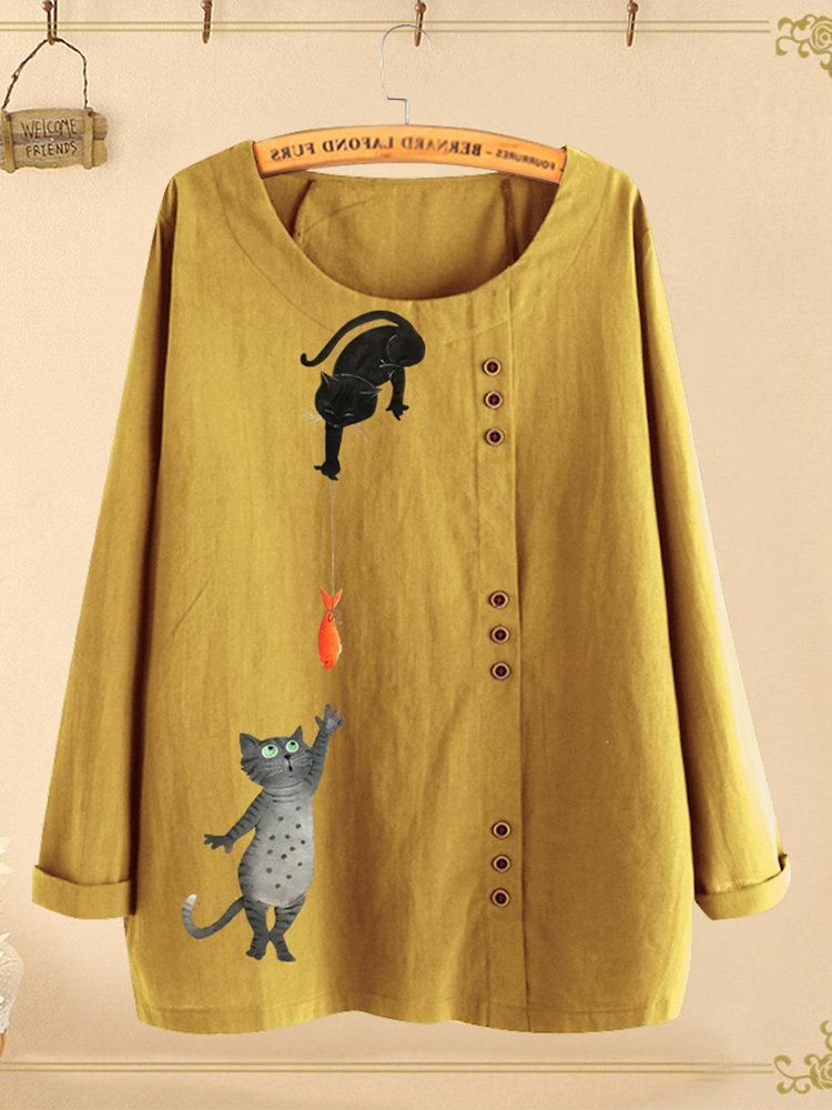 Comfysol Button Cartoon Cat Print Long Sleeve Blouse