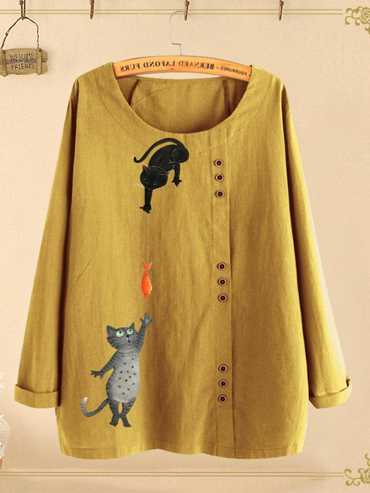Comfysol Button Cartoon Cat Print Long Sleeve Blouse