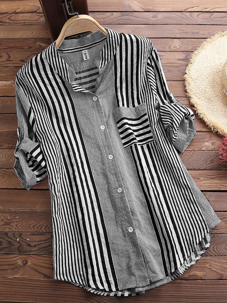 Comfysol Patchwork Stripe Print Stand Collar Irregular Casual Shirts