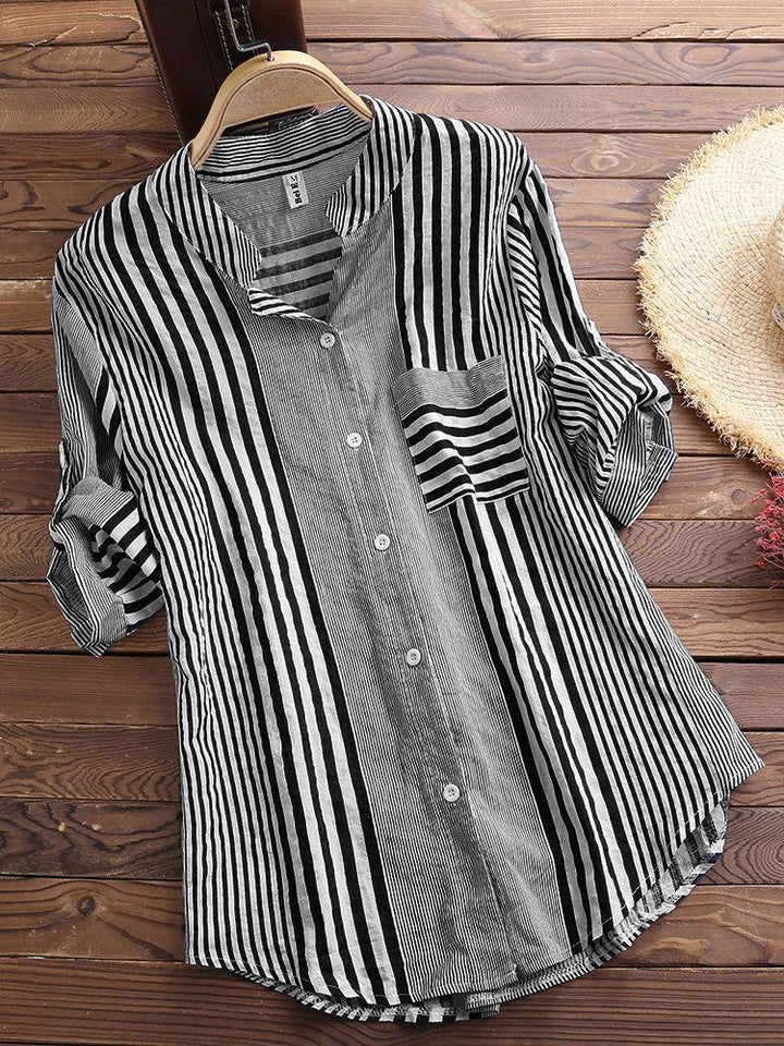 Comfysol Patchwork Stripe Print Stand Collar Irregular Casual Shirts