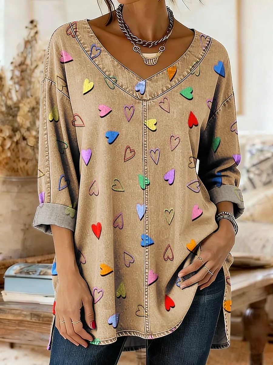 Women's Valentine's Day Heart Shape Art Print Casual Washed Denim Cotton Top
