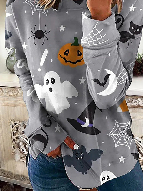 Comfysol Gray Casual Graphic Tops Round Neck Long Sleeve Halloween Printed Sweatshirts