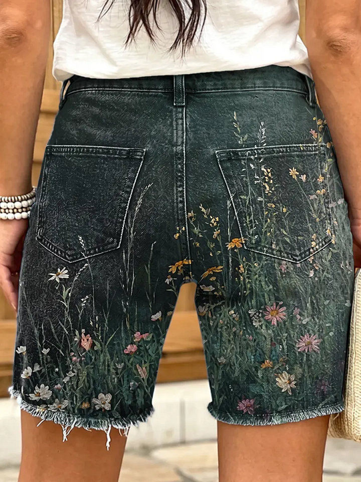 Retro ethnic floral pattern women's art print casual denim shorts