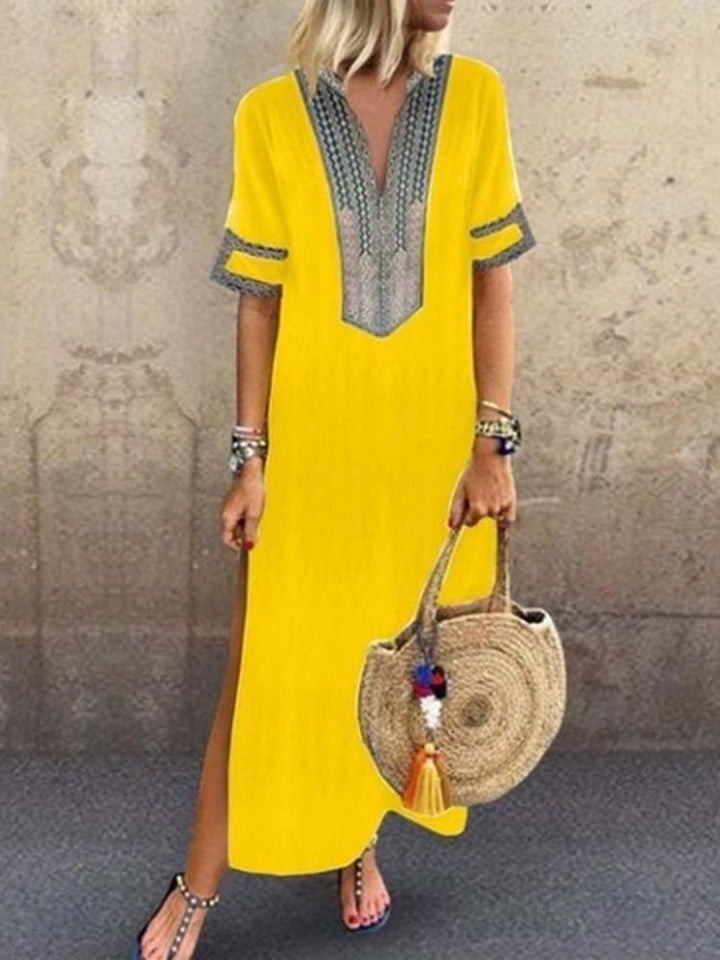 Comfysol Split Short Sleeve V-Neck Travel Look A-Line Maxi Dress