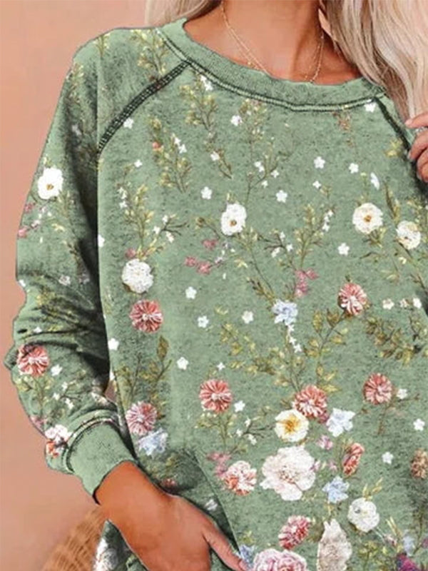 Comfysol Green Casual Graphic Tops Round Neck Long Sleeve Floral Printed Sweatshirts