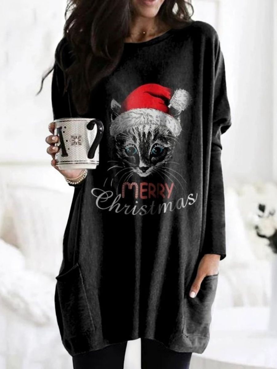 Comfysol Black Casual Graphic Tops Round Neck Cat Printed Long Sleeve Xmas Sweatshirts