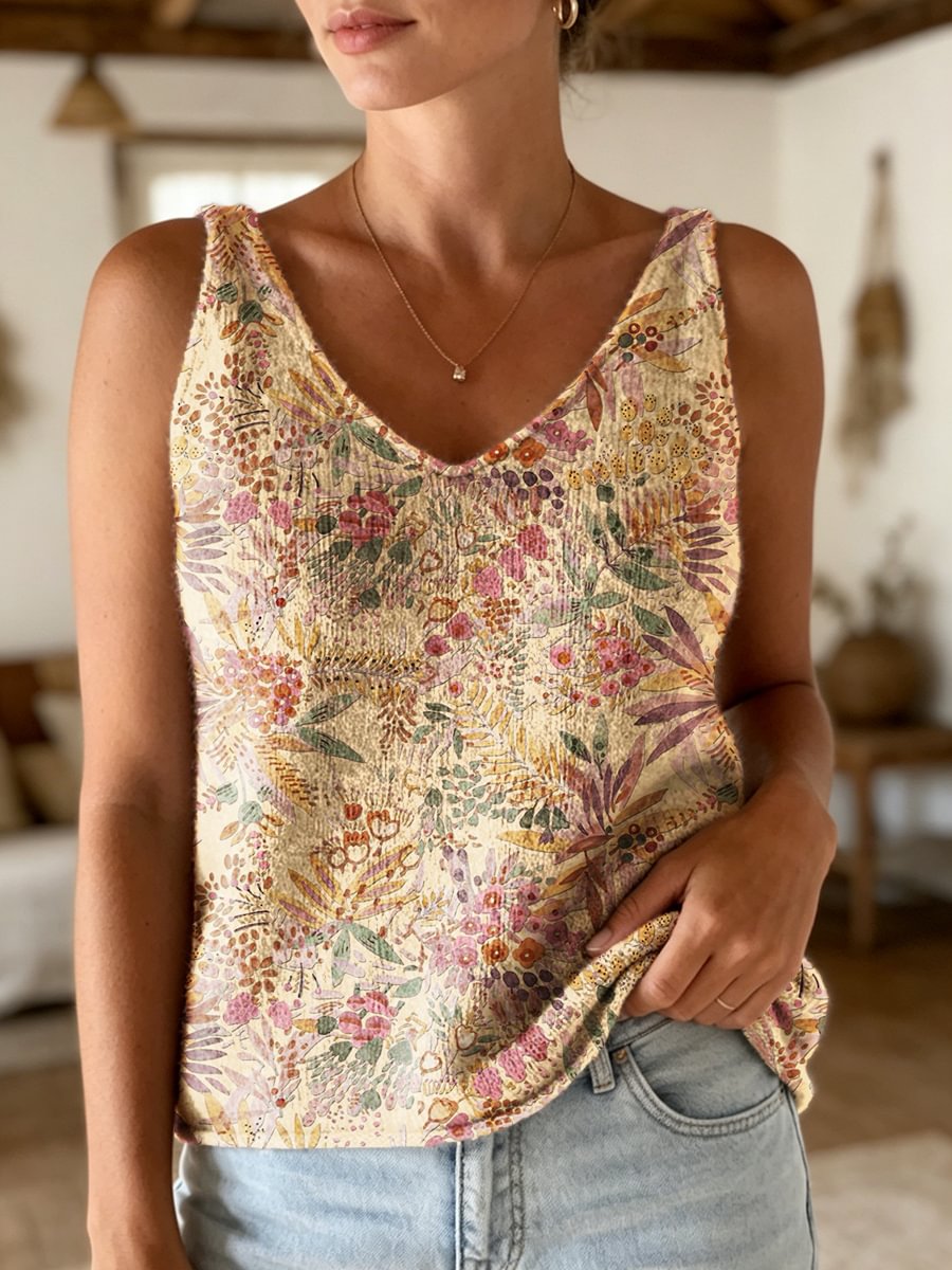 Women's Retro Ethnic Floral Art Print Casual Sleeveless V-neck Wool Blend Knit Top