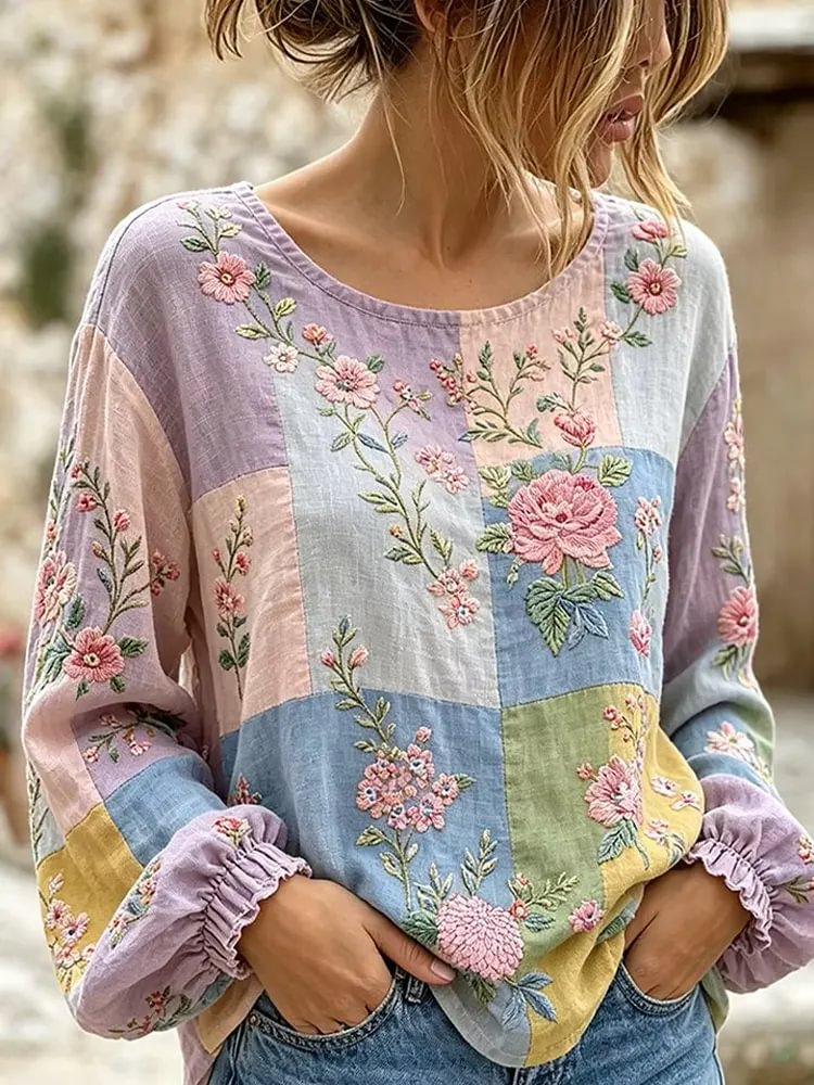 Women's Multicolor Floral Patchwork Print Cotton Puff Sleeve Top