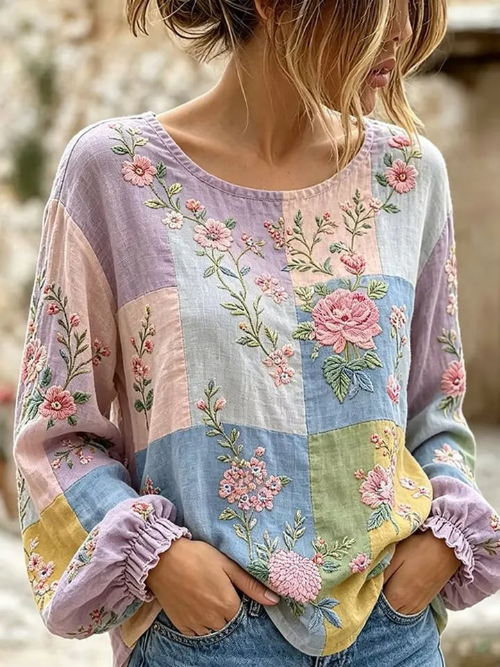 Women's Multicolor Floral Patchwork Print Cotton Puff Sleeve Top
