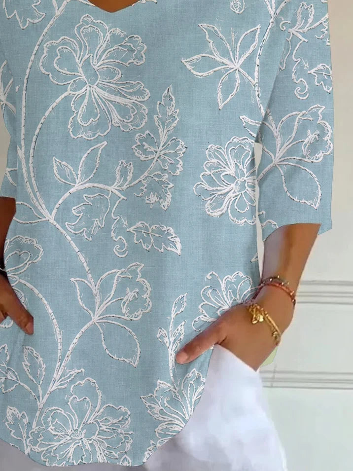 Blue Floral V-Neck Short Sleeve Casual T-shirt