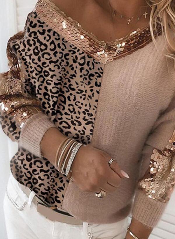 Comfysol Color Block Leopard Sequins V-Neck Casual Sweaters