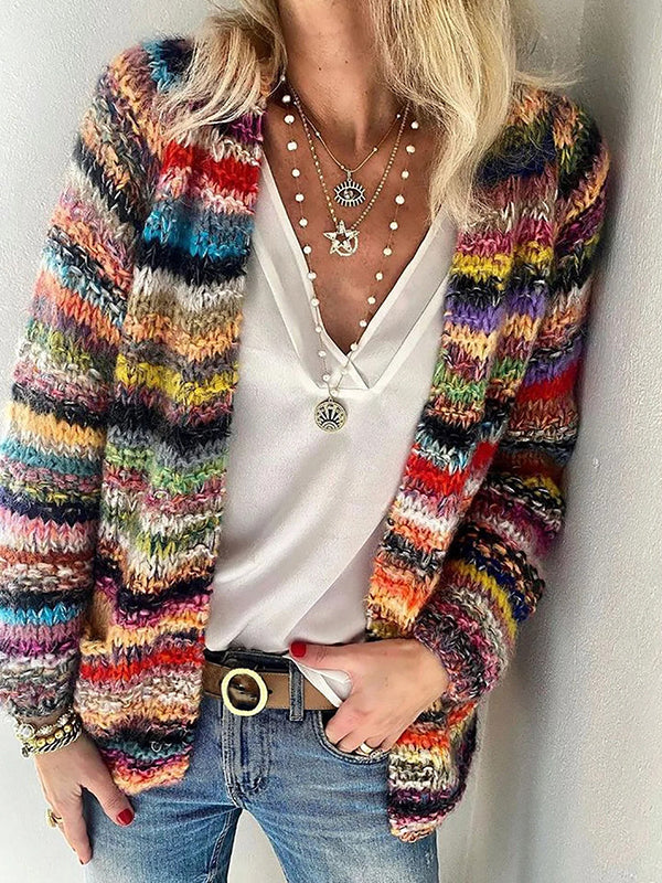 Comfysol Women's Long Sleeve Colorful Striped Knit Cardigan
