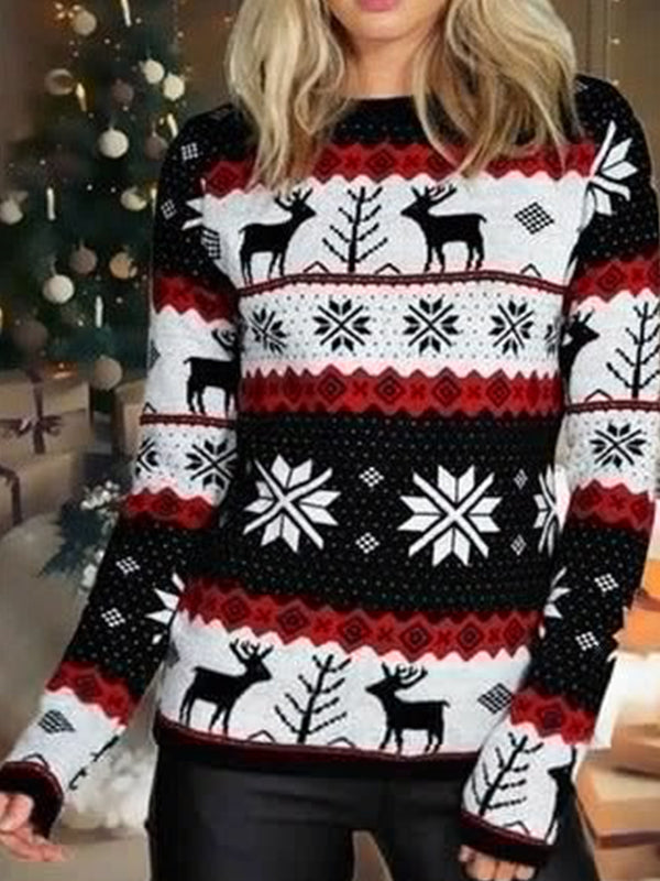 Comfysol Black-white Casual Graphic Tops Round Neck Long Sleeve Elk Printed Sweaters