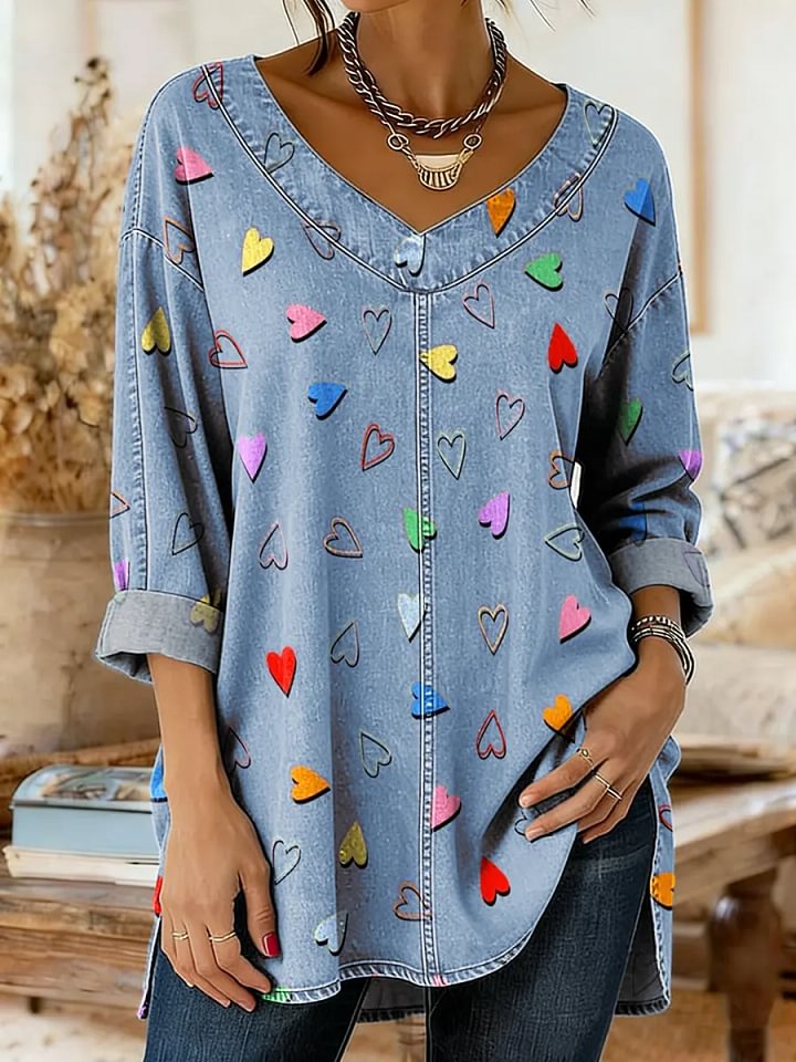 Women's Valentine's Day Heart Shape Art Print Casual Washed Denim Cotton Top