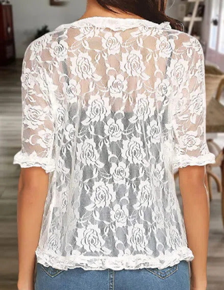Comfysol White Casual Lace Printed Half Sleeve Cardigan