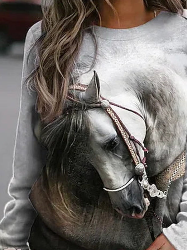 Comfysol Multi Casual Graphic Tops Round Neck Long Sleeve Horse Printed Sweatshirts