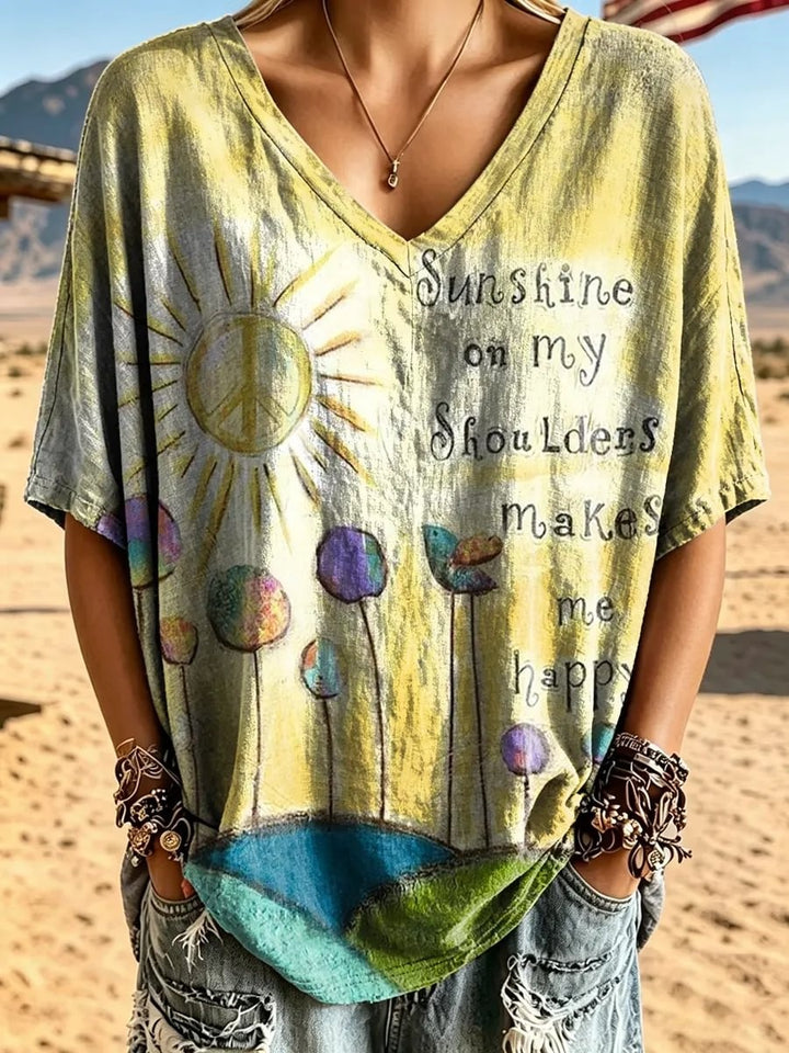 Women's Sun & Quote Art Print Cotton V-Neck Loose Top