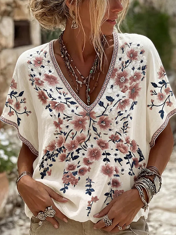 Women's Boho Elegant Flowers Print V Neck T-Shirt