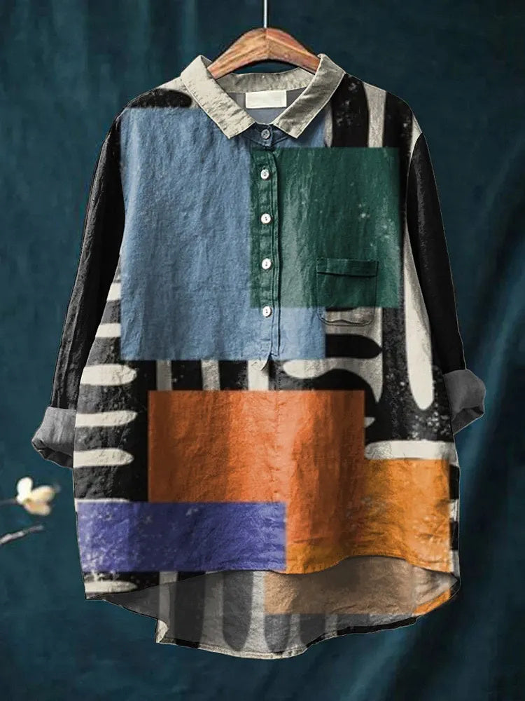 Women's Abstract Print Art Casual Cotton Linen Shirt