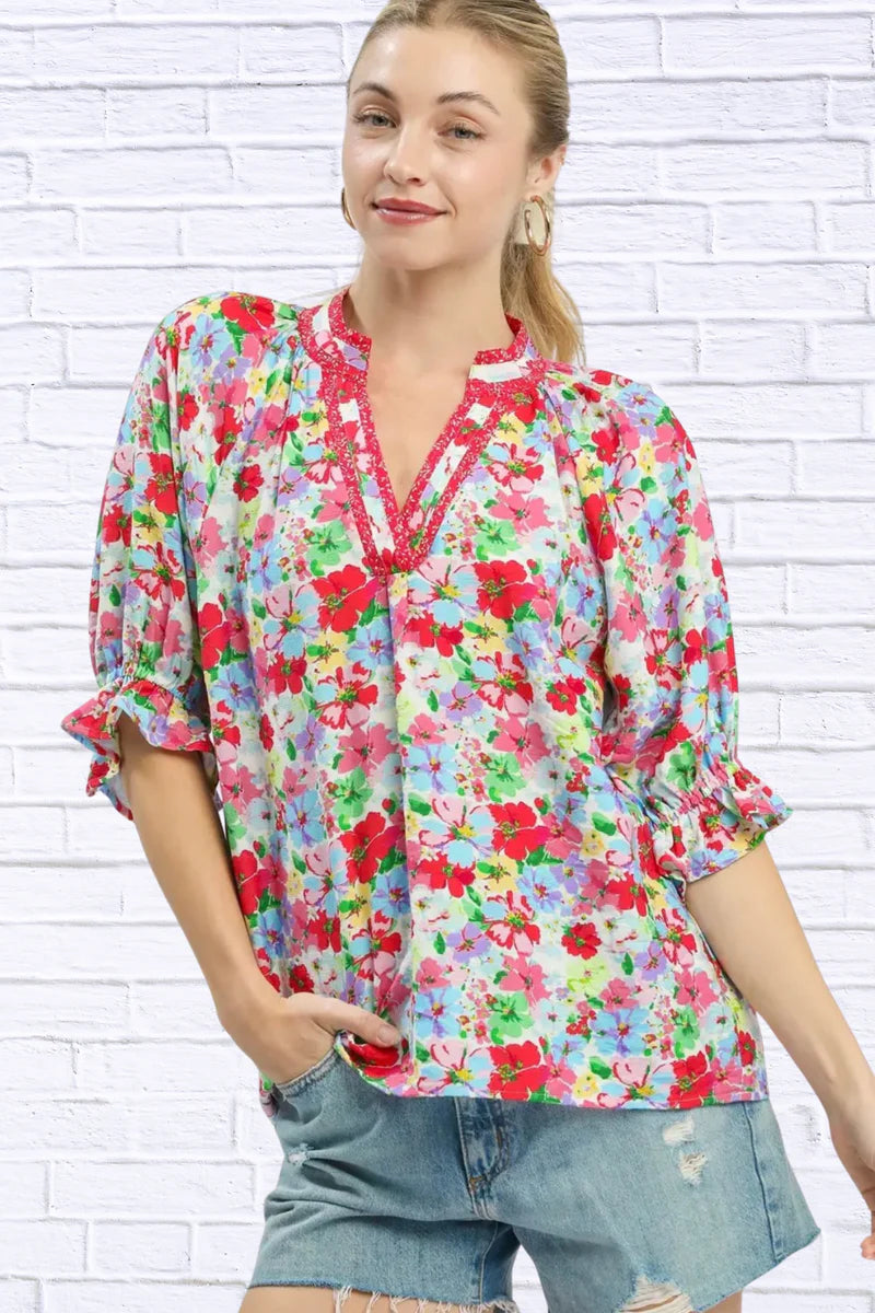 Umgee Mix Floral Print Ruffle Top for Women | Feminine Boho Chic Blouse