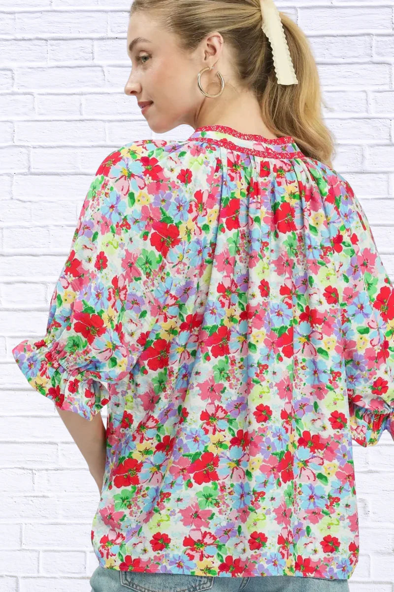 Umgee Mix Floral Print Ruffle Top for Women | Feminine Boho Chic Blouse