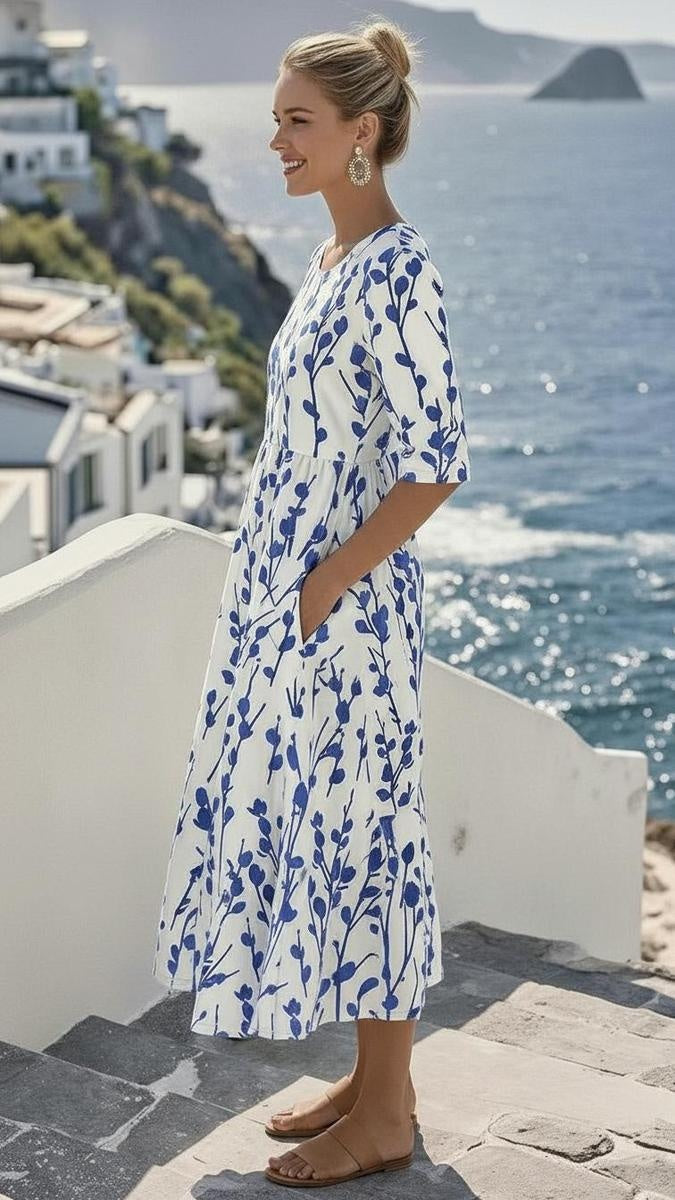 Coastal Blue Botanical Print Midi Dress