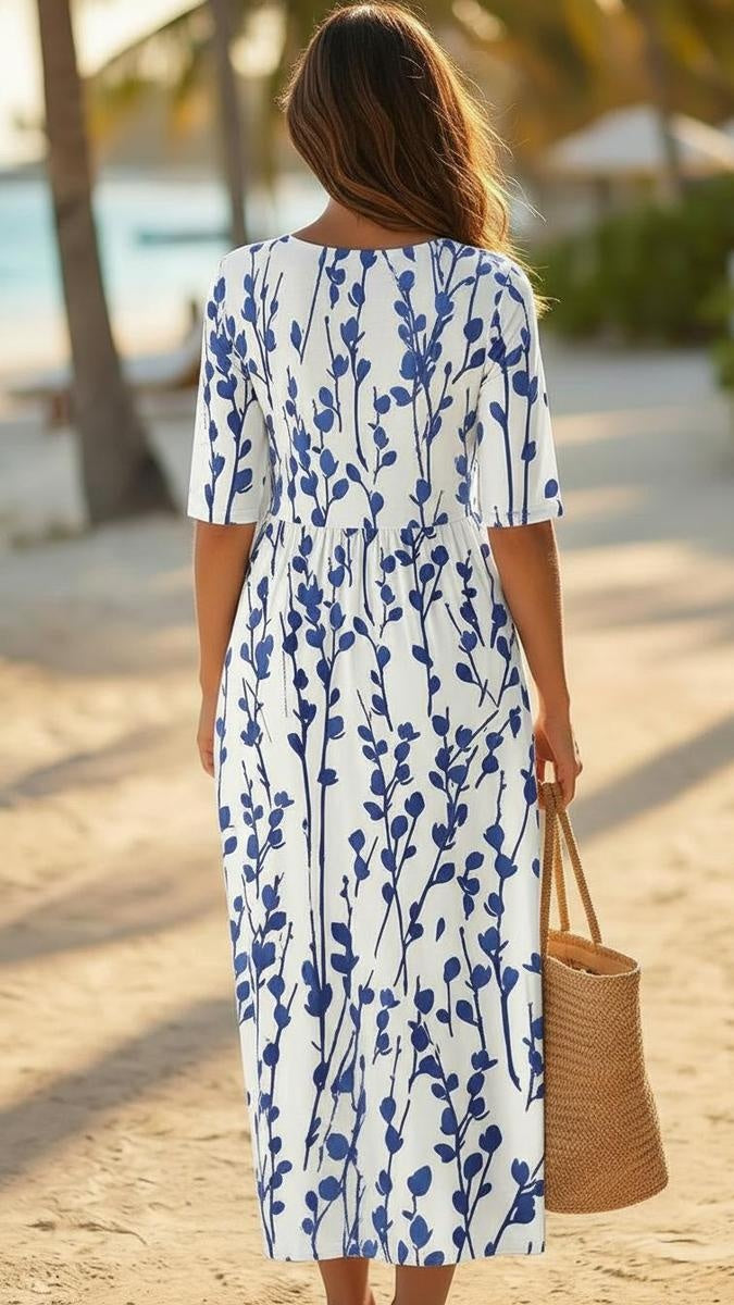 Coastal Blue Botanical Print Midi Dress