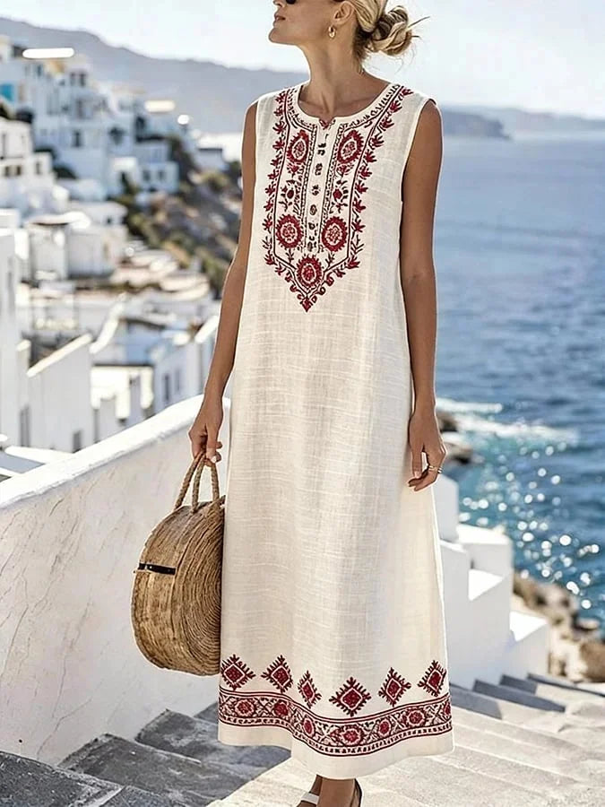 Women's Summer Crew Neck Floral Embroidered Sleeveless Vacation Dress