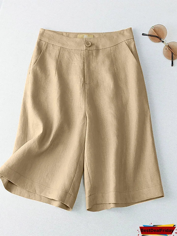 Solid Pocket Button Casual Loose Shorts