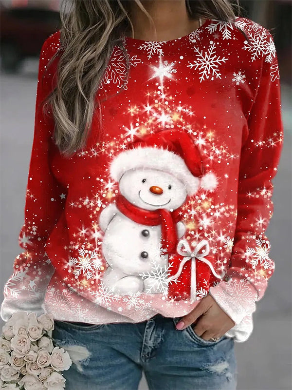 Comfysol Red Casual Graphic Tops Round Neck Long Sleeve Snowman Printed Xmas Sweatshirts