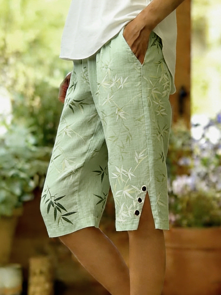 Light Green Bamboo Print Capri Pants