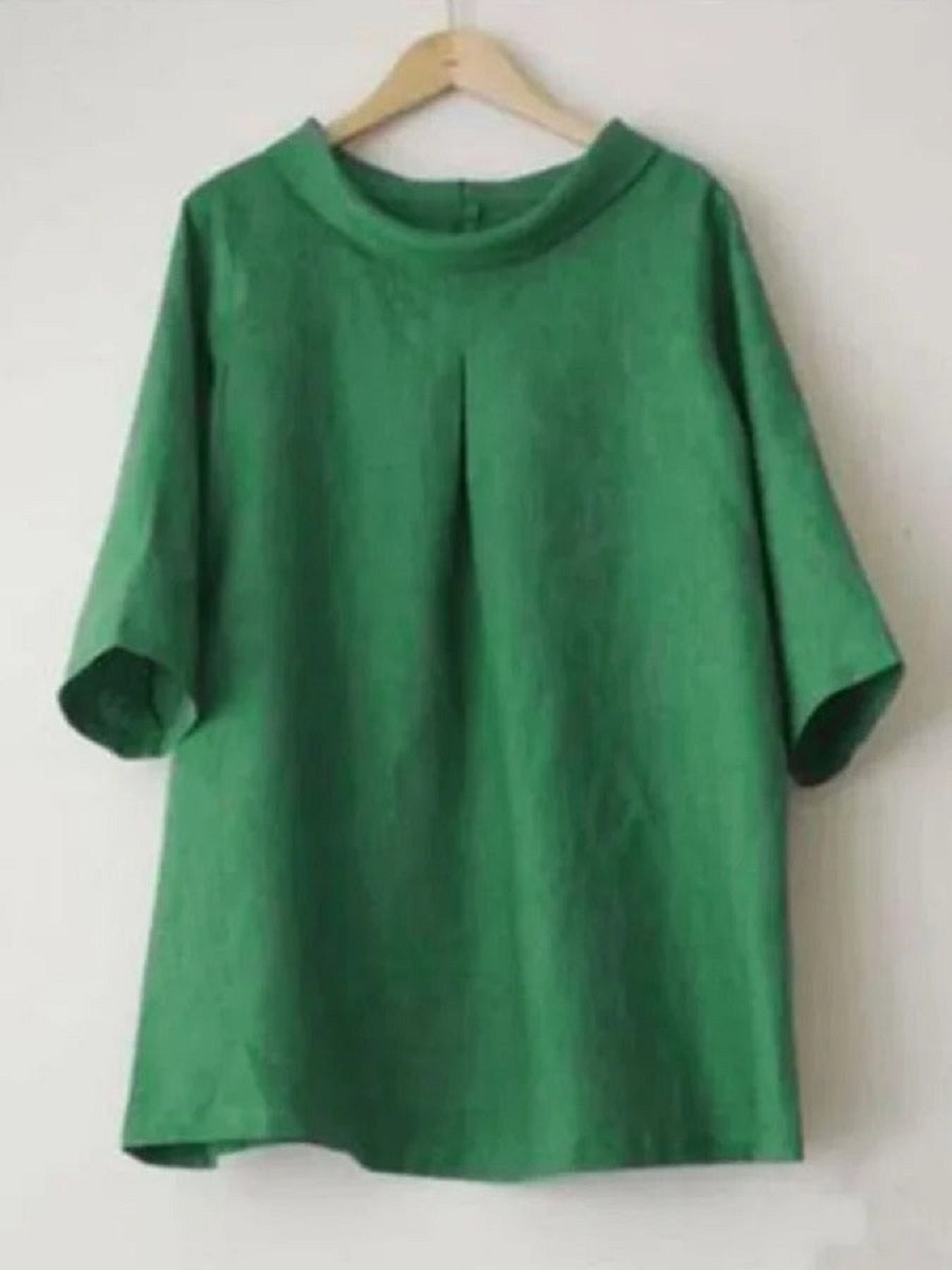 Comfysol Green Casual Round Neck Solid Half Sleeve Blouse