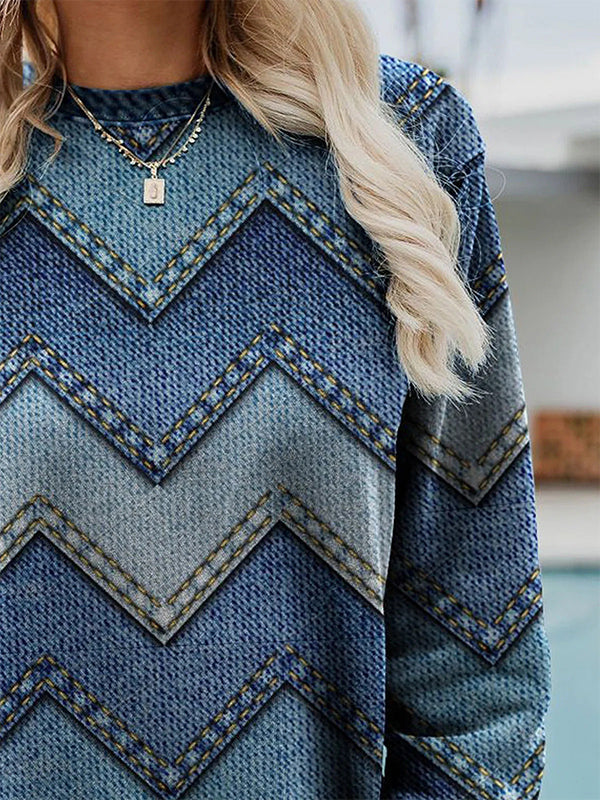 Comfysol Blue Casual Round Neck Long Sleeve Geometric Printed Sweatshirts