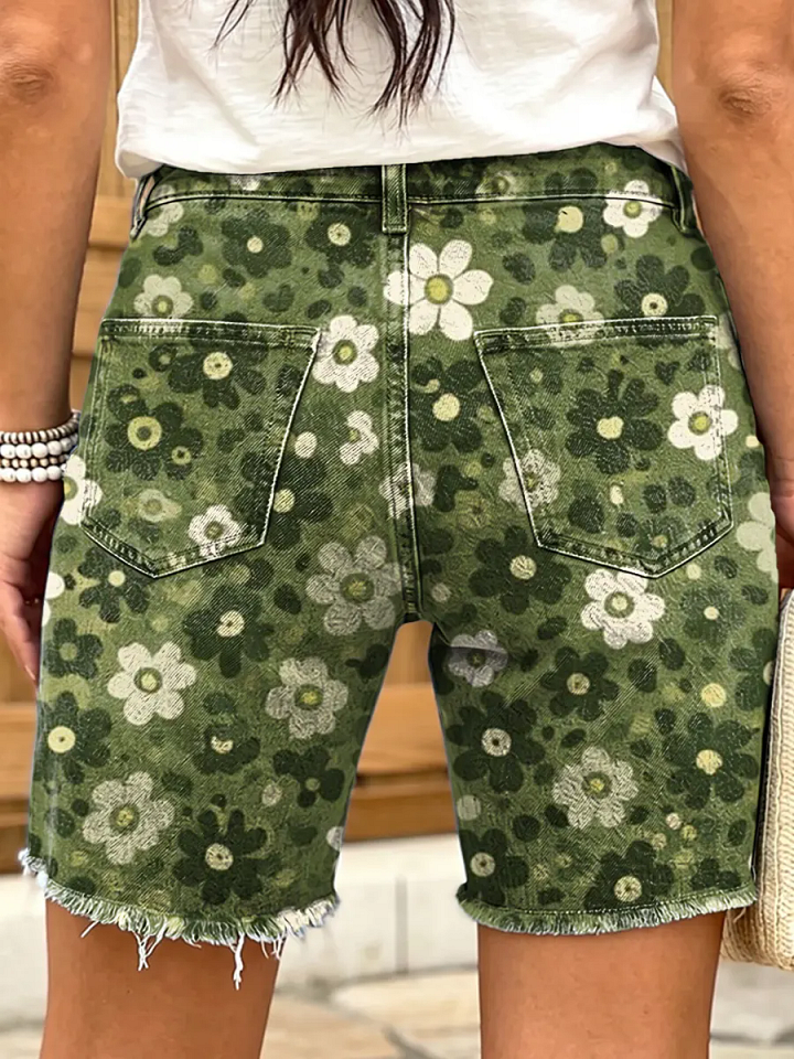 Ethnic-style floral and geometric pattern women's art print casual denim shorts