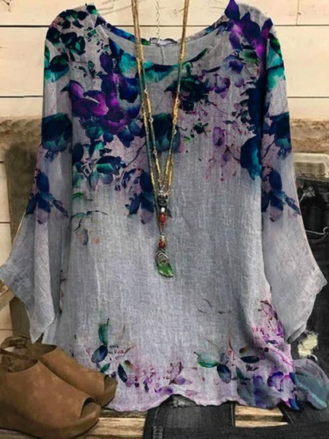 Comfysol Multi Casual Round Neck Floral Printed Long Sleeve Blouse