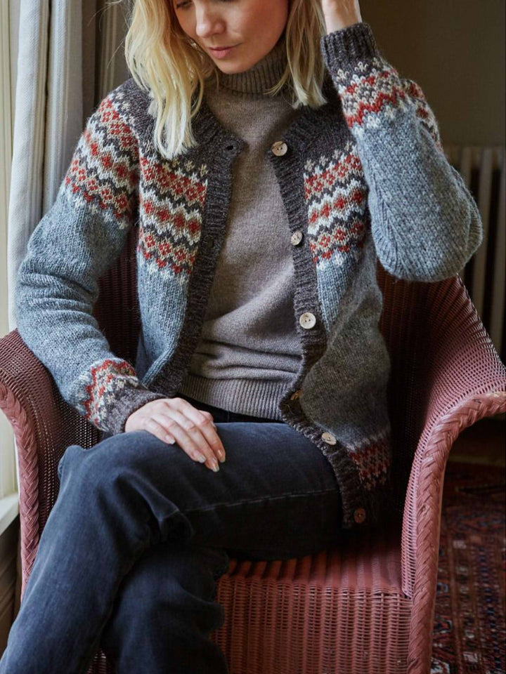 Comfysol Women's Knitted Fair Isle Diamond Pattern Cardigan