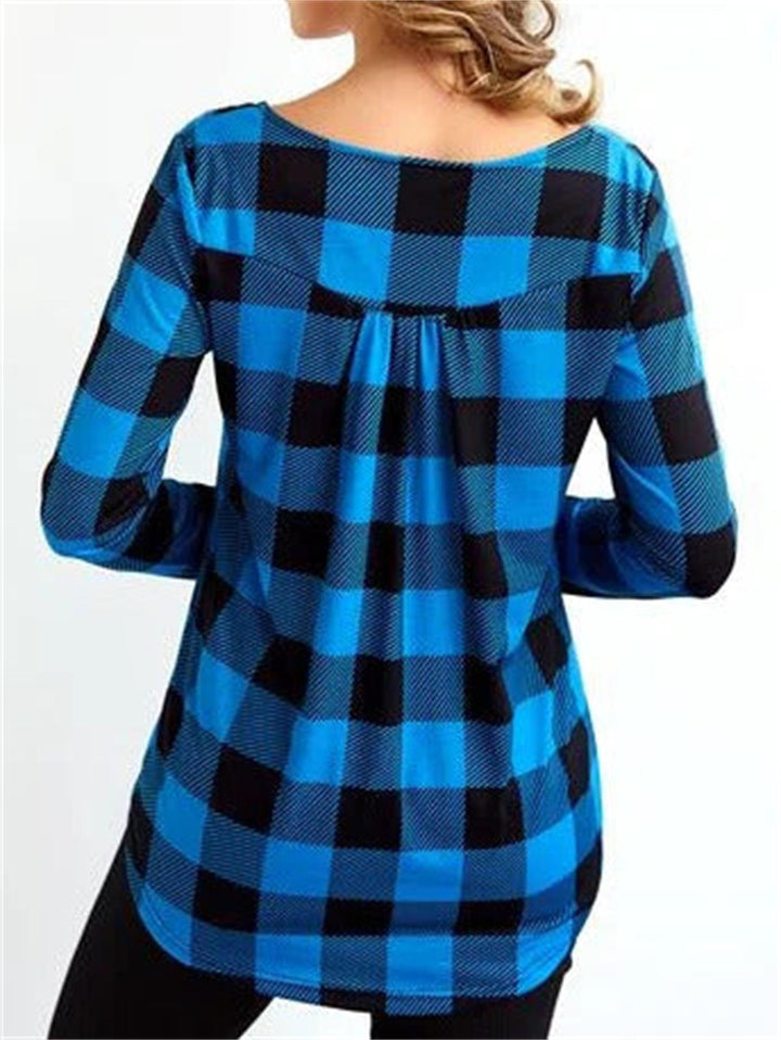 Comfysol Blue Casual Round Neck Plaid Printed Long Sleeve Blouse