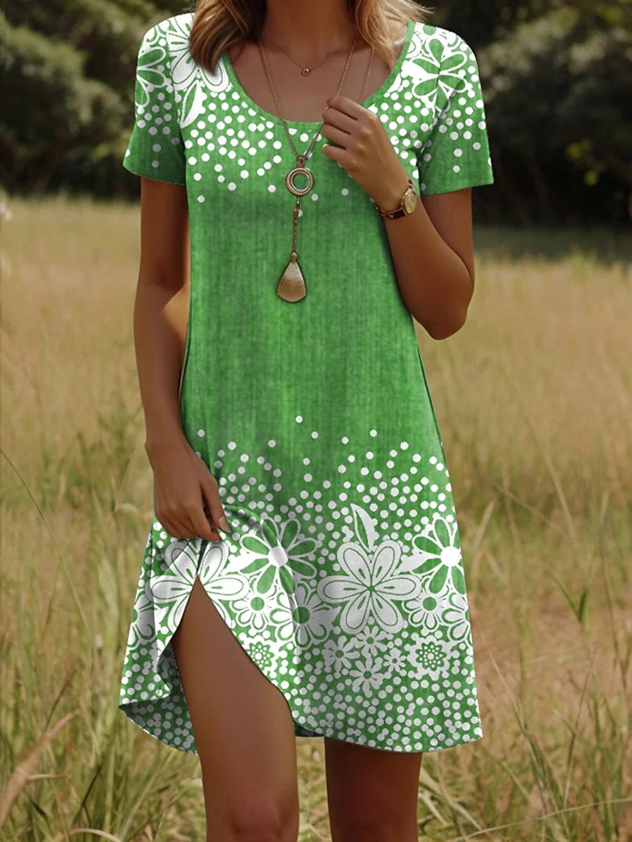 Bohemian Floral Print Maxi Dress – Casual Crew Neck Summer Dress