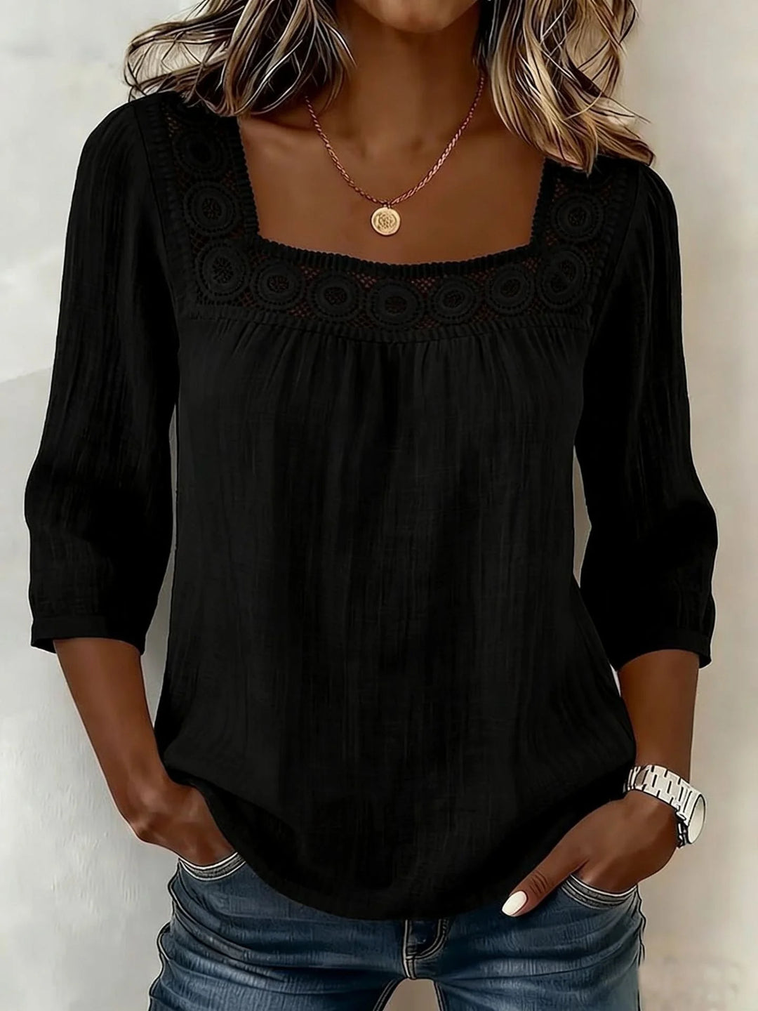 Square Neck Half Sleeve Plain Regular Loose Blouse For Women