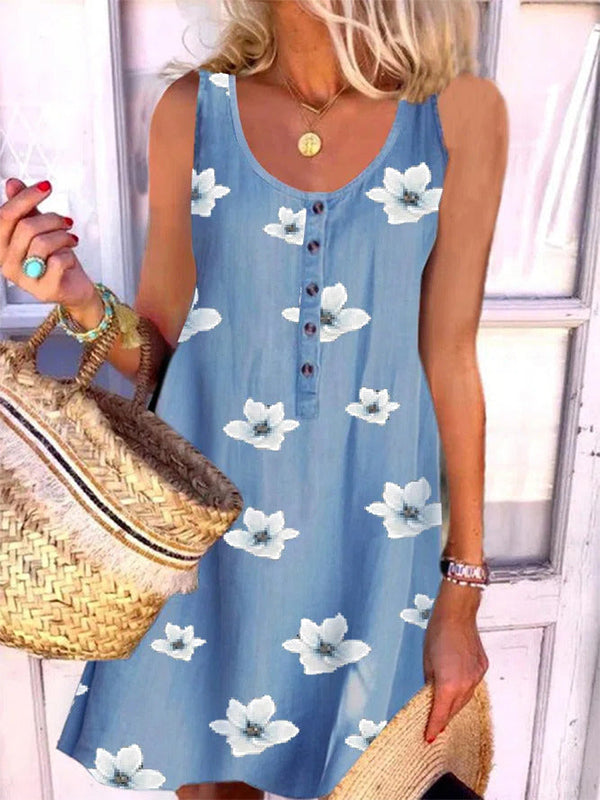 Comfysol Blue Casual Round Neck Sleeveless Floral Printed Dresses